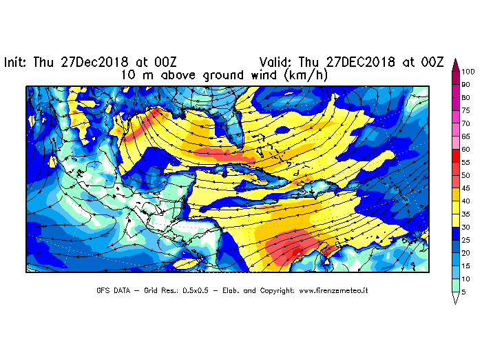 Mappa di analisi GFS - Velocità del vento a 10 metri dal suolo [km/h] in Centro-America
									del 27/12/2018 00 <!--googleoff: index-->UTC<!--googleon: index-->