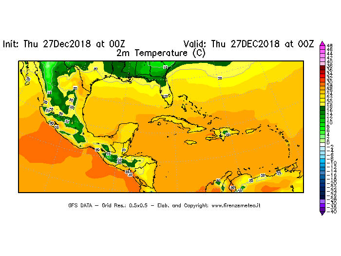 Mappa di analisi GFS - Temperatura a 2 metri dal suolo [°C] in Centro-America
									del 27/12/2018 00 <!--googleoff: index-->UTC<!--googleon: index-->
