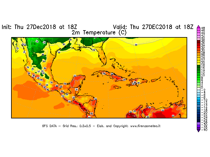 Mappa di analisi GFS - Temperatura a 2 metri dal suolo [°C] in Centro-America
									del 27/12/2018 18 <!--googleoff: index-->UTC<!--googleon: index-->
