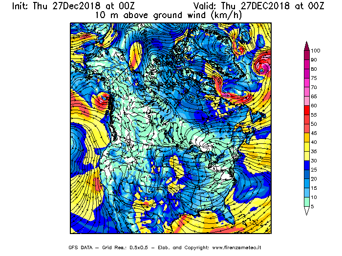 Mappa di analisi GFS - Velocità del vento a 10 metri dal suolo [km/h] in Nord-America
									del 27/12/2018 00 <!--googleoff: index-->UTC<!--googleon: index-->