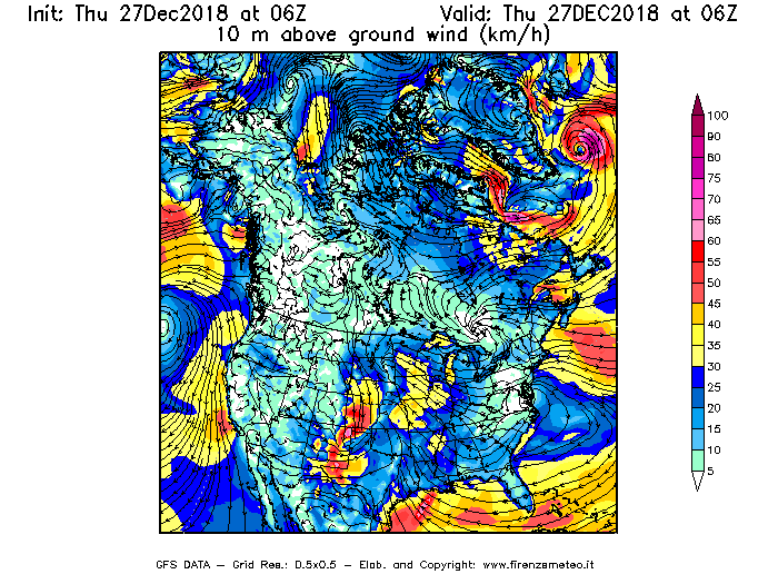Mappa di analisi GFS - Velocità del vento a 10 metri dal suolo [km/h] in Nord-America
									del 27/12/2018 06 <!--googleoff: index-->UTC<!--googleon: index-->