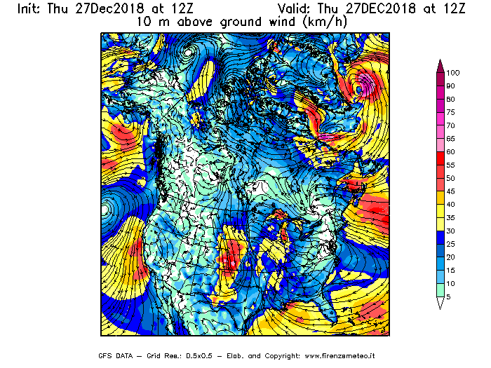 Mappa di analisi GFS - Velocità del vento a 10 metri dal suolo [km/h] in Nord-America
									del 27/12/2018 12 <!--googleoff: index-->UTC<!--googleon: index-->