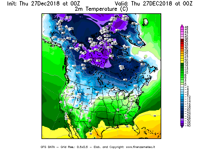 Mappa di analisi GFS - Temperatura a 2 metri dal suolo [°C] in Nord-America
									del 27/12/2018 00 <!--googleoff: index-->UTC<!--googleon: index-->