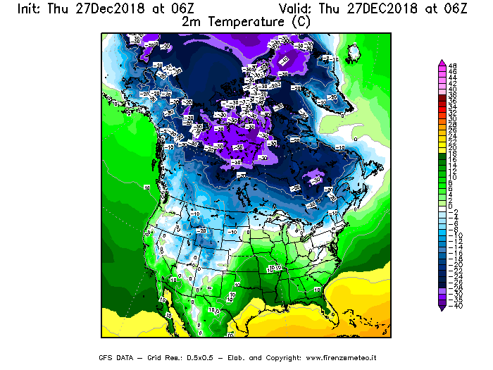 Mappa di analisi GFS - Temperatura a 2 metri dal suolo [°C] in Nord-America
									del 27/12/2018 06 <!--googleoff: index-->UTC<!--googleon: index-->