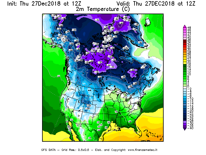 Mappa di analisi GFS - Temperatura a 2 metri dal suolo [°C] in Nord-America
									del 27/12/2018 12 <!--googleoff: index-->UTC<!--googleon: index-->