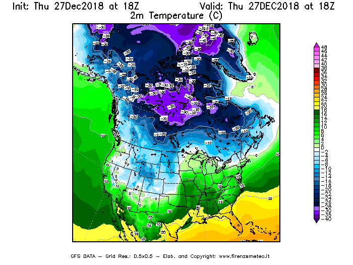 Mappa di analisi GFS - Temperatura a 2 metri dal suolo [°C] in Nord-America
									del 27/12/2018 18 <!--googleoff: index-->UTC<!--googleon: index-->