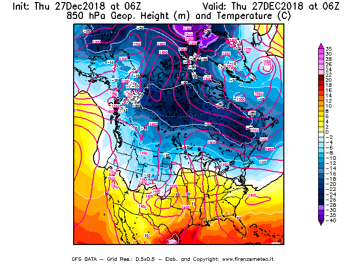 Mappa di analisi GFS - Geopotenziale [m] e Temperatura [°C] a 850 hPa in Nord-America
									del 27/12/2018 06 <!--googleoff: index-->UTC<!--googleon: index-->