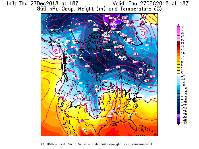 Mappa di analisi GFS - Geopotenziale [m] e Temperatura [°C] a 850 hPa in Nord-America
									del 27/12/2018 18 <!--googleoff: index-->UTC<!--googleon: index-->