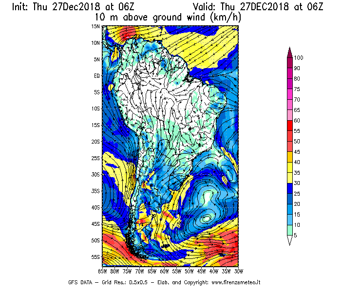 Mappa di analisi GFS - Velocità del vento a 10 metri dal suolo [km/h] in Sud-America
									del 27/12/2018 06 <!--googleoff: index-->UTC<!--googleon: index-->