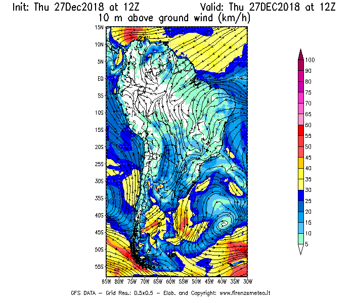 Mappa di analisi GFS - Velocità del vento a 10 metri dal suolo [km/h] in Sud-America
									del 27/12/2018 12 <!--googleoff: index-->UTC<!--googleon: index-->