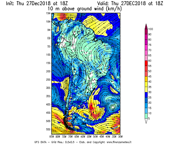 Mappa di analisi GFS - Velocità del vento a 10 metri dal suolo [km/h] in Sud-America
									del 27/12/2018 18 <!--googleoff: index-->UTC<!--googleon: index-->
