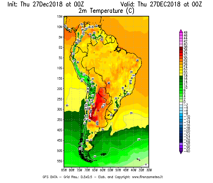 Mappa di analisi GFS - Temperatura a 2 metri dal suolo [°C] in Sud-America
									del 27/12/2018 00 <!--googleoff: index-->UTC<!--googleon: index-->