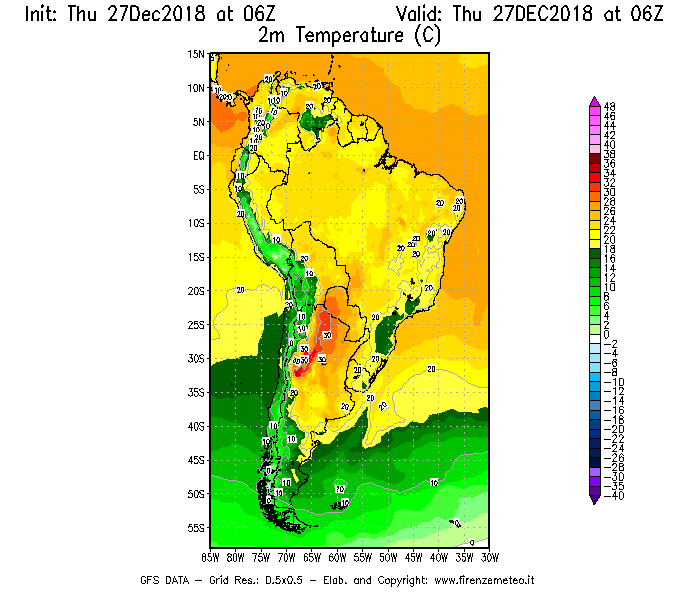 Mappa di analisi GFS - Temperatura a 2 metri dal suolo [°C] in Sud-America
									del 27/12/2018 06 <!--googleoff: index-->UTC<!--googleon: index-->