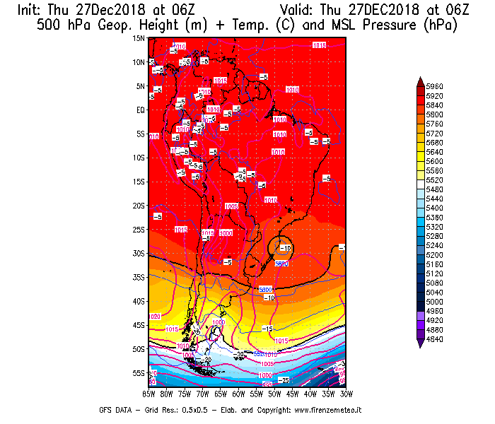 Mappa di analisi GFS - Geopotenziale [m] + Temp. [°C] a 500 hPa + Press. a livello del mare [hPa] in Sud-America
									del 27/12/2018 06 <!--googleoff: index-->UTC<!--googleon: index-->
