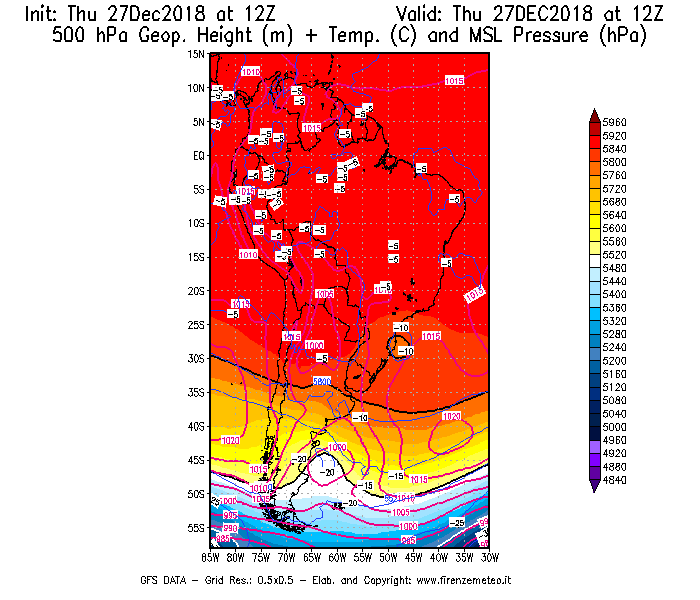Mappa di analisi GFS - Geopotenziale [m] + Temp. [°C] a 500 hPa + Press. a livello del mare [hPa] in Sud-America
									del 27/12/2018 12 <!--googleoff: index-->UTC<!--googleon: index-->