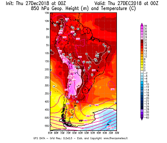 Mappa di analisi GFS - Geopotenziale [m] e Temperatura [°C] a 850 hPa in Sud-America
									del 27/12/2018 00 <!--googleoff: index-->UTC<!--googleon: index-->