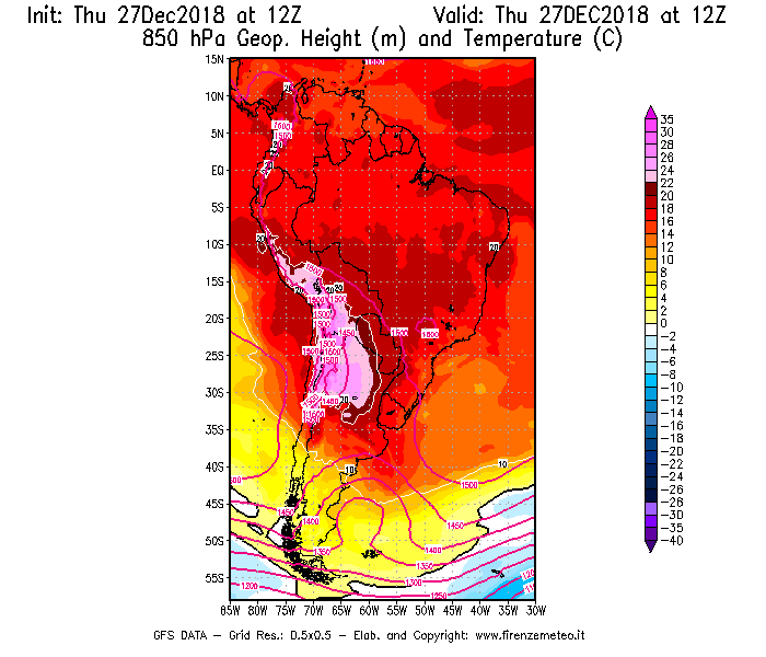 Mappa di analisi GFS - Geopotenziale [m] e Temperatura [°C] a 850 hPa in Sud-America
									del 27/12/2018 12 <!--googleoff: index-->UTC<!--googleon: index-->