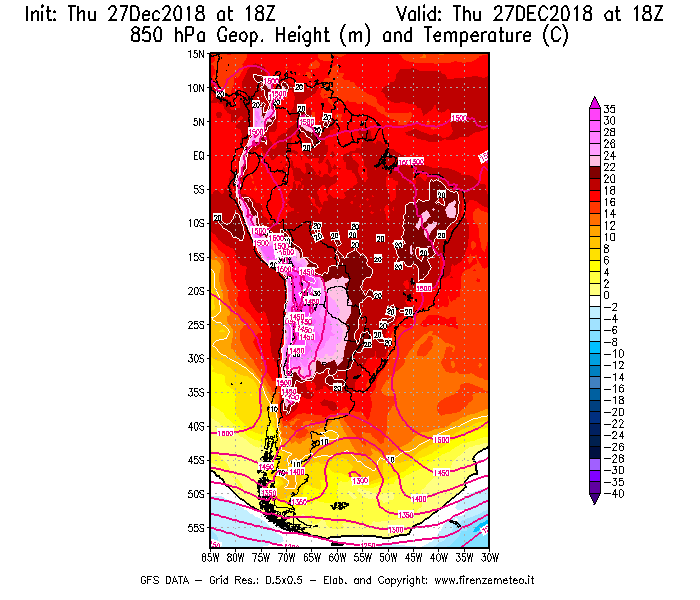 Mappa di analisi GFS - Geopotenziale [m] e Temperatura [°C] a 850 hPa in Sud-America
									del 27/12/2018 18 <!--googleoff: index-->UTC<!--googleon: index-->