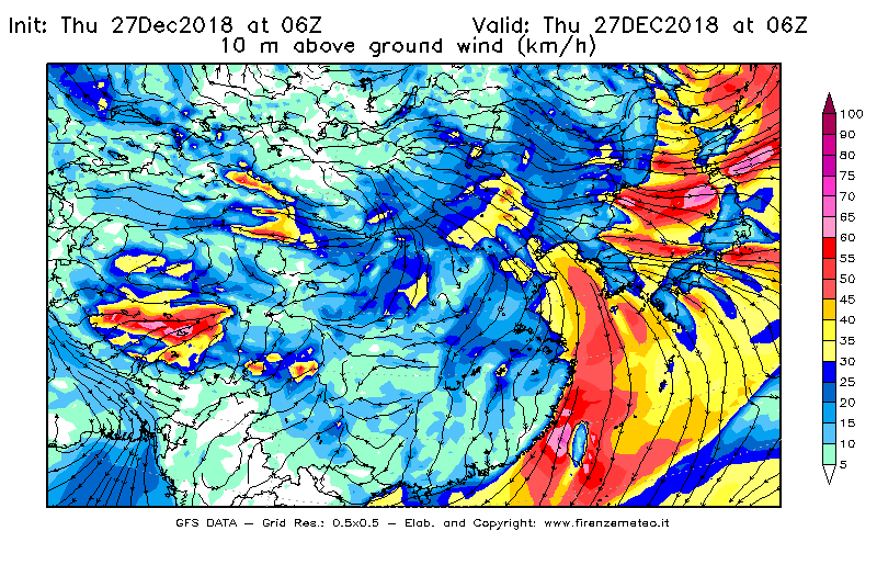 Mappa di analisi GFS - Velocità del vento a 10 metri dal suolo [km/h] in Asia Orientale
									del 27/12/2018 06 <!--googleoff: index-->UTC<!--googleon: index-->