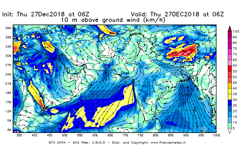 Mappa di analisi GFS - Velocità del vento a 10 metri dal suolo [km/h] in Asia Sud-Occidentale
									del 27/12/2018 06 <!--googleoff: index-->UTC<!--googleon: index-->