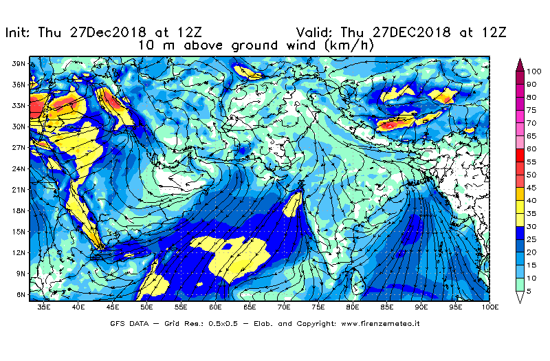 Mappa di analisi GFS - Velocità del vento a 10 metri dal suolo [km/h] in Asia Sud-Occidentale
									del 27/12/2018 12 <!--googleoff: index-->UTC<!--googleon: index-->