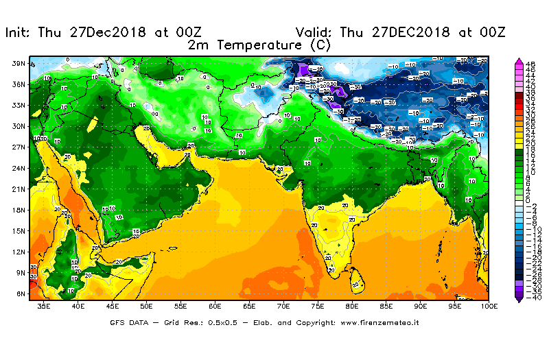 Mappa di analisi GFS - Temperatura a 2 metri dal suolo [°C] in Asia Sud-Occidentale
									del 27/12/2018 00 <!--googleoff: index-->UTC<!--googleon: index-->