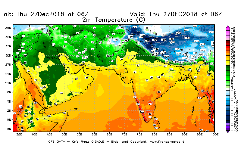 Mappa di analisi GFS - Temperatura a 2 metri dal suolo [°C] in Asia Sud-Occidentale
									del 27/12/2018 06 <!--googleoff: index-->UTC<!--googleon: index-->