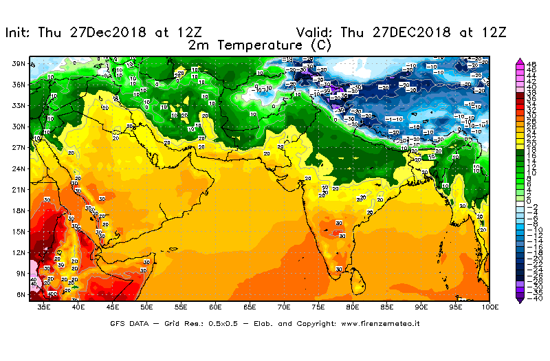 Mappa di analisi GFS - Temperatura a 2 metri dal suolo [°C] in Asia Sud-Occidentale
									del 27/12/2018 12 <!--googleoff: index-->UTC<!--googleon: index-->