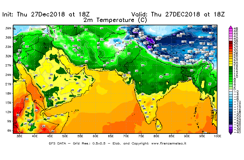Mappa di analisi GFS - Temperatura a 2 metri dal suolo [°C] in Asia Sud-Occidentale
									del 27/12/2018 18 <!--googleoff: index-->UTC<!--googleon: index-->