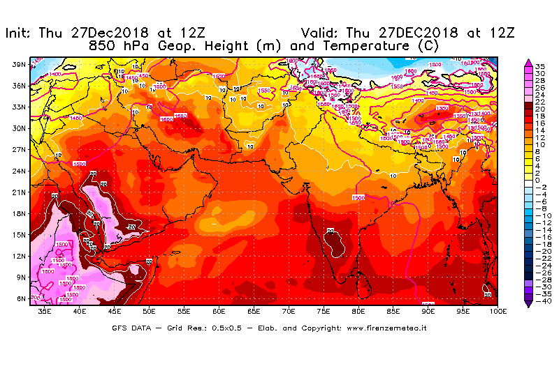 Mappa di analisi GFS - Geopotenziale [m] e Temperatura [°C] a 850 hPa in Asia Sud-Occidentale
									del 27/12/2018 12 <!--googleoff: index-->UTC<!--googleon: index-->