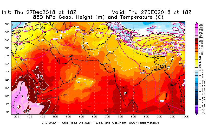 Mappa di analisi GFS - Geopotenziale [m] e Temperatura [°C] a 850 hPa in Asia Sud-Occidentale
									del 27/12/2018 18 <!--googleoff: index-->UTC<!--googleon: index-->