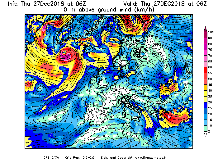Mappa di analisi GFS - Velocità del vento a 10 metri dal suolo [km/h] in Europa
									del 27/12/2018 06 <!--googleoff: index-->UTC<!--googleon: index-->