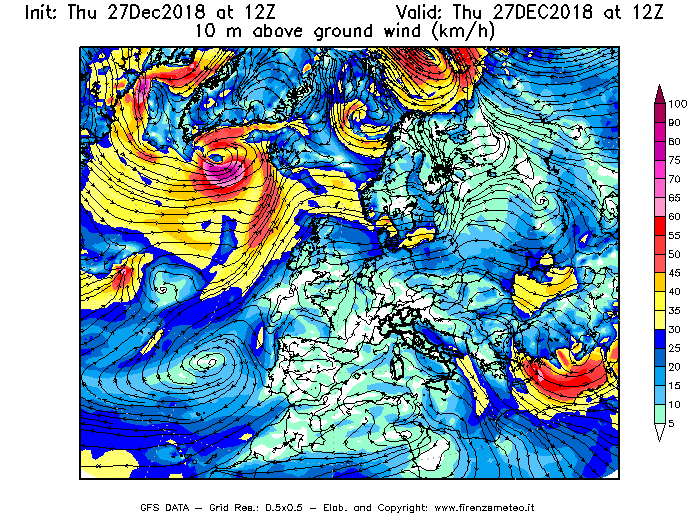 Mappa di analisi GFS - Velocità del vento a 10 metri dal suolo [km/h] in Europa
									del 27/12/2018 12 <!--googleoff: index-->UTC<!--googleon: index-->