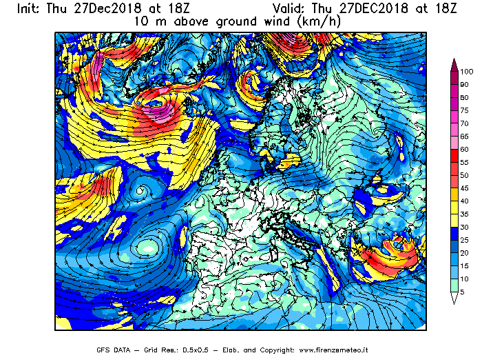 Mappa di analisi GFS - Velocità del vento a 10 metri dal suolo [km/h] in Europa
									del 27/12/2018 18 <!--googleoff: index-->UTC<!--googleon: index-->
