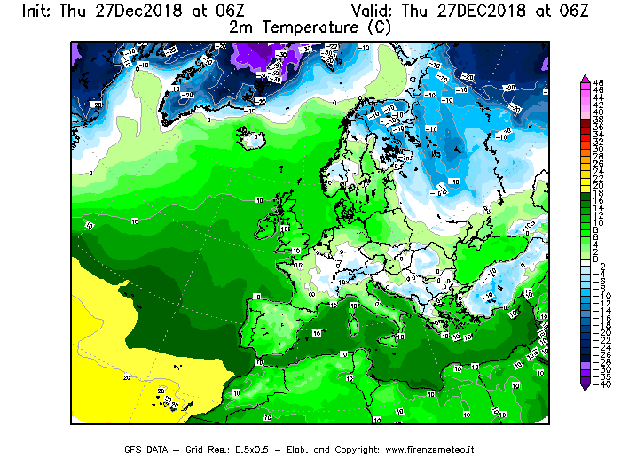 Mappa di analisi GFS - Temperatura a 2 metri dal suolo [°C] in Europa
									del 27/12/2018 06 <!--googleoff: index-->UTC<!--googleon: index-->