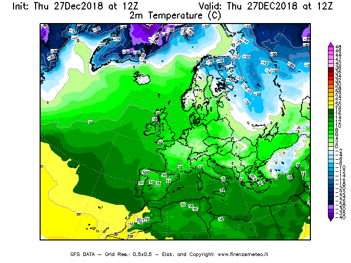 Mappa di analisi GFS - Temperatura a 2 metri dal suolo [°C] in Europa
									del 27/12/2018 12 <!--googleoff: index-->UTC<!--googleon: index-->