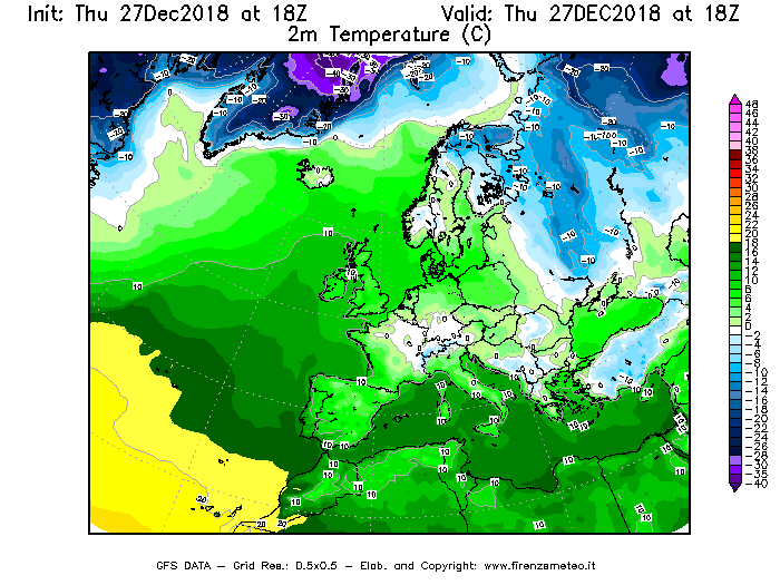 Mappa di analisi GFS - Temperatura a 2 metri dal suolo [°C] in Europa
									del 27/12/2018 18 <!--googleoff: index-->UTC<!--googleon: index-->