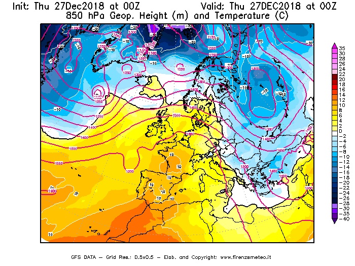 Mappa di analisi GFS - Geopotenziale [m] e Temperatura [°C] a 850 hPa in Europa
									del 27/12/2018 00 <!--googleoff: index-->UTC<!--googleon: index-->