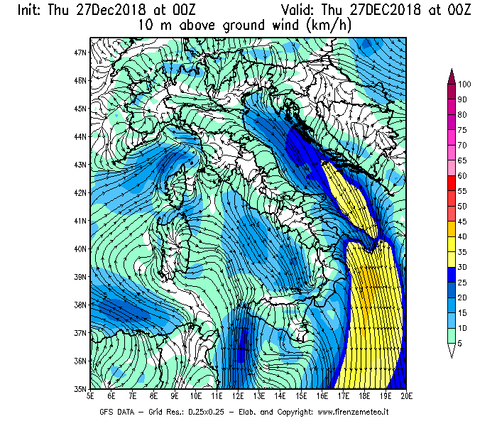 Mappa di analisi GFS - Velocità del vento a 10 metri dal suolo [km/h] in Italia
									del 27/12/2018 00 <!--googleoff: index-->UTC<!--googleon: index-->