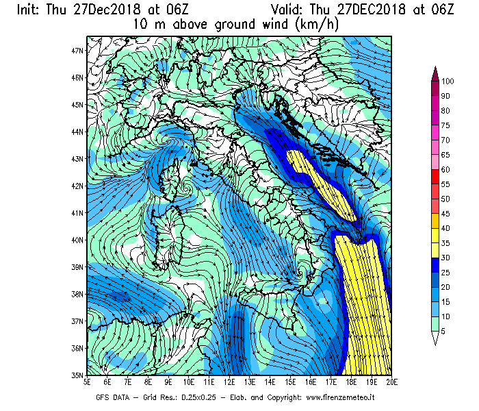Mappa di analisi GFS - Velocità del vento a 10 metri dal suolo [km/h] in Italia
									del 27/12/2018 06 <!--googleoff: index-->UTC<!--googleon: index-->