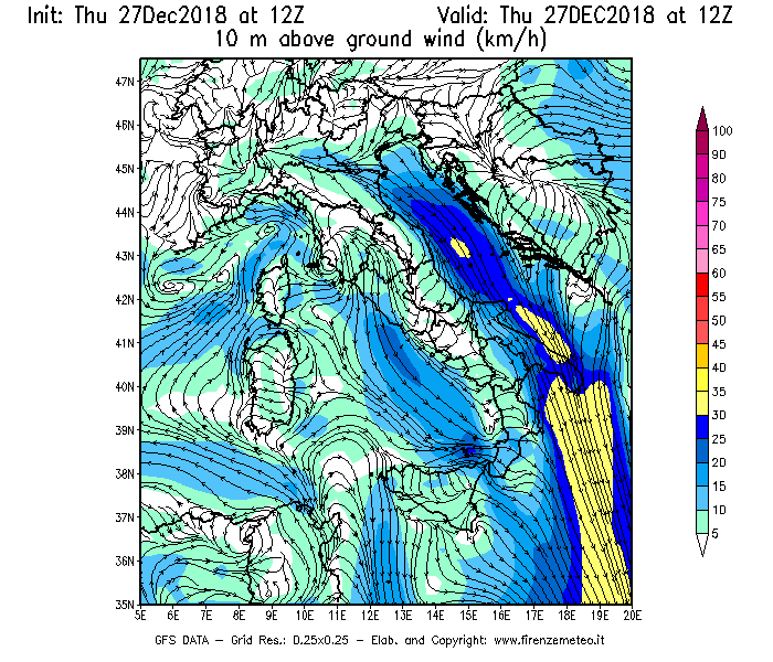 Mappa di analisi GFS - Velocità del vento a 10 metri dal suolo [km/h] in Italia
									del 27/12/2018 12 <!--googleoff: index-->UTC<!--googleon: index-->
