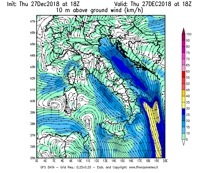 Mappa di analisi GFS - Velocità del vento a 10 metri dal suolo [km/h] in Italia
									del 27/12/2018 18 <!--googleoff: index-->UTC<!--googleon: index-->