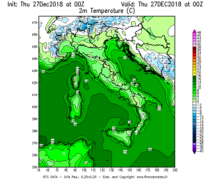 Mappa di analisi GFS - Temperatura a 2 metri dal suolo [°C] in Italia
									del 27/12/2018 00 <!--googleoff: index-->UTC<!--googleon: index-->