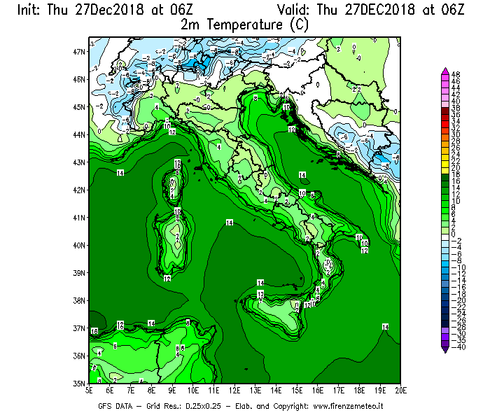 Mappa di analisi GFS - Temperatura a 2 metri dal suolo [°C] in Italia
									del 27/12/2018 06 <!--googleoff: index-->UTC<!--googleon: index-->