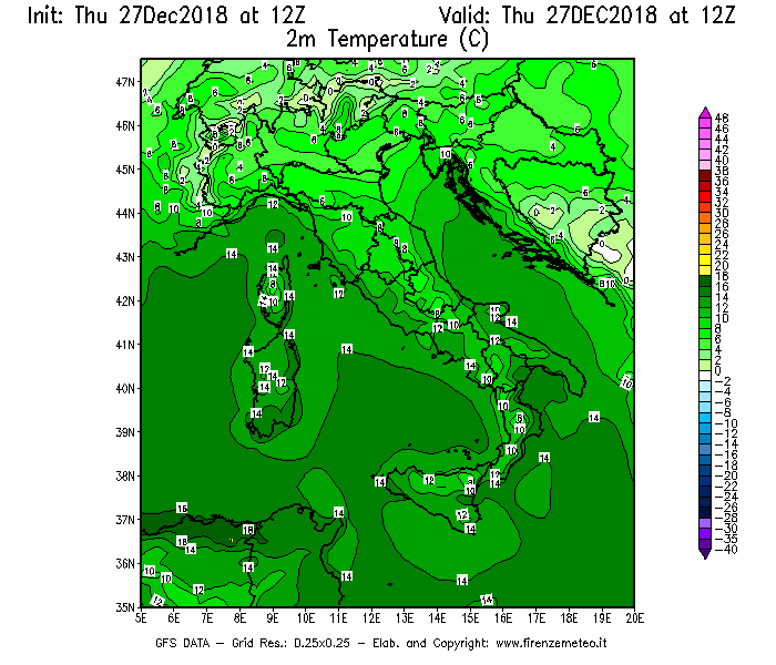 Mappa di analisi GFS - Temperatura a 2 metri dal suolo [°C] in Italia
									del 27/12/2018 12 <!--googleoff: index-->UTC<!--googleon: index-->