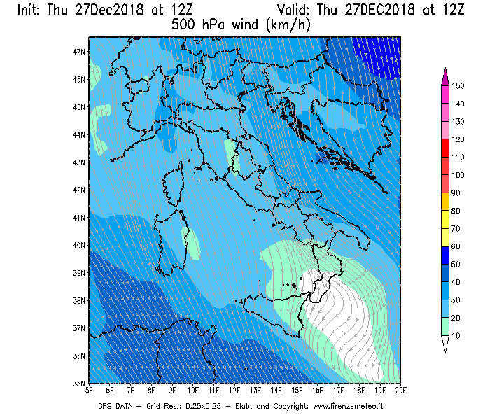 Mappa di analisi GFS - Velocità del vento a 500 hPa [km/h] in Italia
									del 27/12/2018 12 <!--googleoff: index-->UTC<!--googleon: index-->