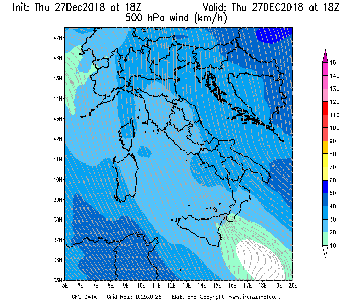 Mappa di analisi GFS - Velocità del vento a 500 hPa [km/h] in Italia
									del 27/12/2018 18 <!--googleoff: index-->UTC<!--googleon: index-->