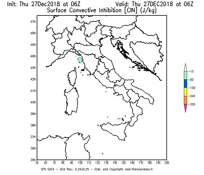 Mappa di analisi GFS - CIN [J/kg] in Italia
									del 27/12/2018 06 <!--googleoff: index-->UTC<!--googleon: index-->