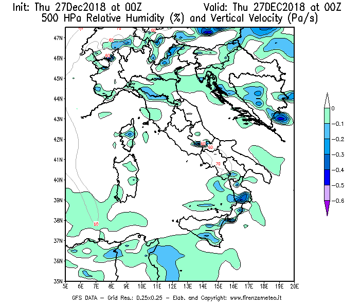 Mappa di analisi GFS - Umidità relativa [%] e Omega [Pa/s] a 500 hPa in Italia
									del 27/12/2018 00 <!--googleoff: index-->UTC<!--googleon: index-->