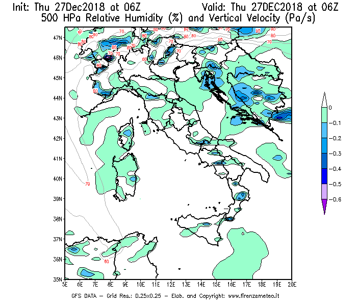 Mappa di analisi GFS - Umidità relativa [%] e Omega [Pa/s] a 500 hPa in Italia
									del 27/12/2018 06 <!--googleoff: index-->UTC<!--googleon: index-->